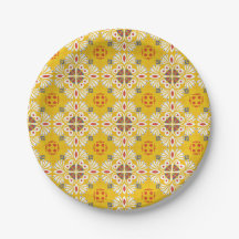 yellow, white, and orange floral and geometric