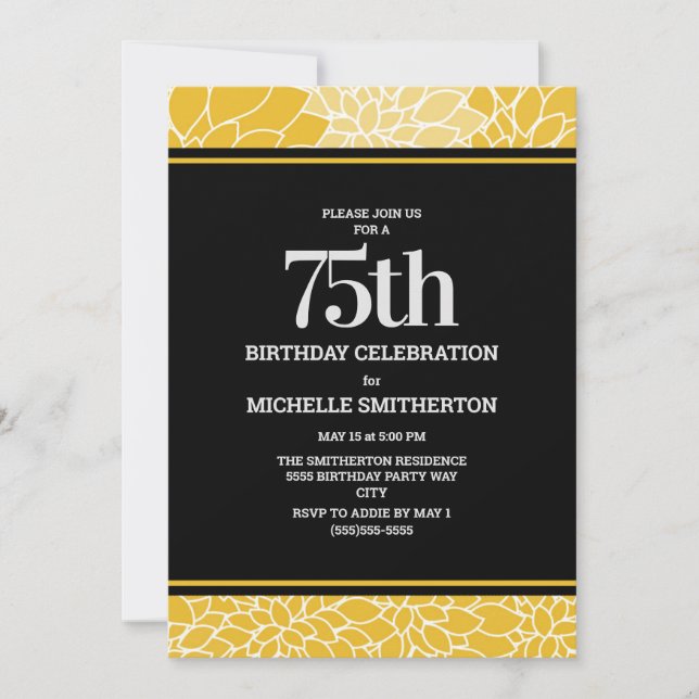 Yellow White Black Floral 75th Birthday Party Invitation (Front)
