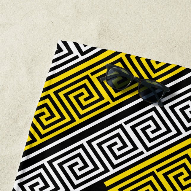 Yellow White Black Greek Key Fret Pattern Design  Beach Towel (Creator Uploaded)
