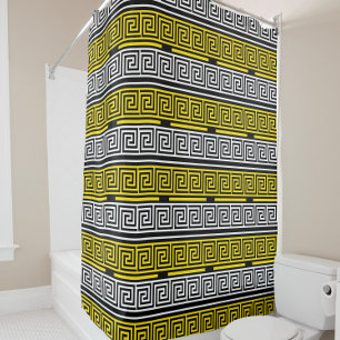 Yellow White Black Greek Key Fret Pattern Design  Shower Curtain