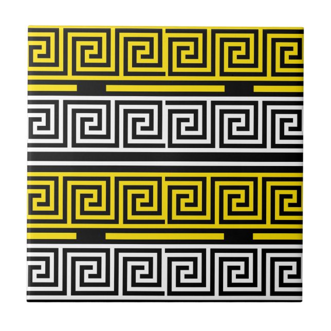 Yellow White Black Greek Key Fret Pattern Design  Tile (Front)