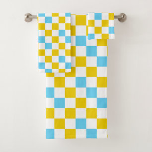 Yellow White Blue Chequered Design  Bath Towel Set