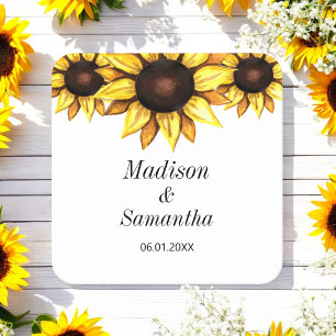 Yellow White Bride Groom Sunflower Wedding Square Paper Coaster