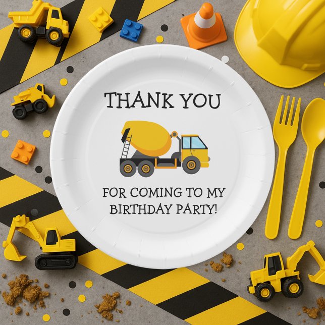 Yellow White Cement Truck Child's Birthday Thanks Paper Plate (Construction birthday party paper plates)