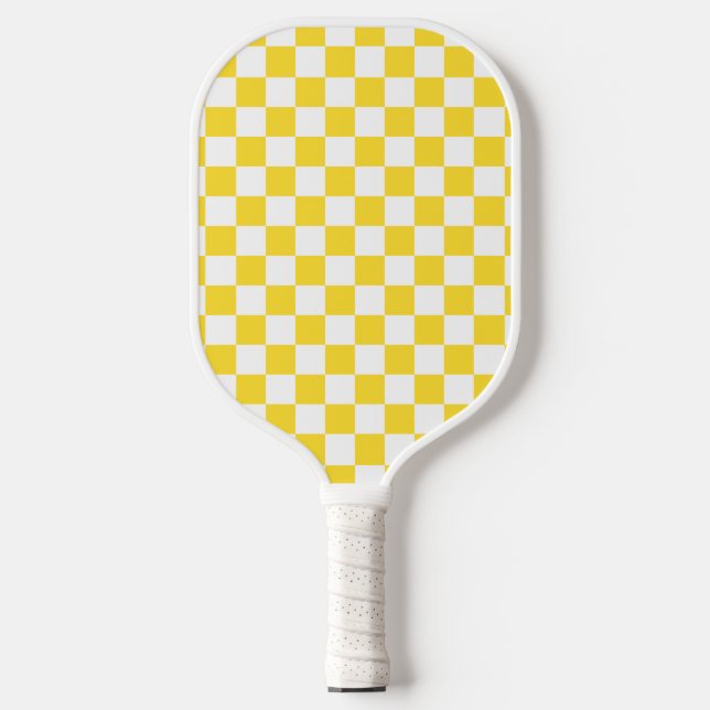 Yellow White Check Chequered Chequerboard Pattern Pickleball Paddle (Front)