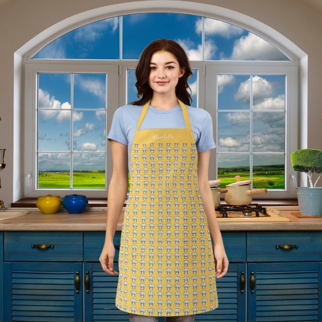 Yellow white chef hats pattern name apron (Creator Uploaded)