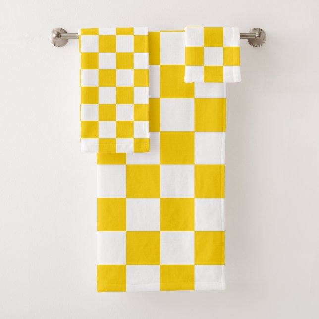 Yellow White Chequered Check Pattern Bath Towel Set (Insitu)