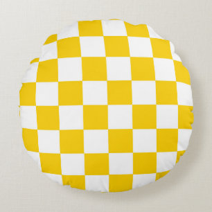 Yellow White Chequered Check Pattern Round Cushion