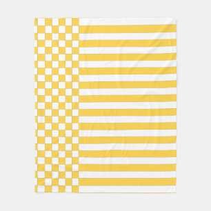 Yellow & White Chequered & Stripes Repeat Pattern Fleece Blanket