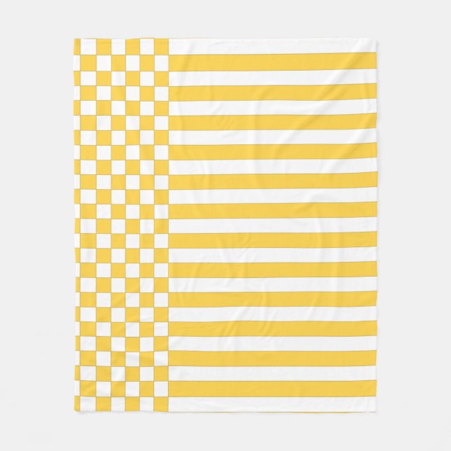 Yellow & White Chequered & Stripes Repeat Pattern Fleece Blanket (Front)