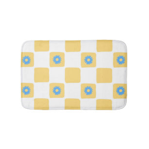 Yellow White Chequered With Blue Flower Pattern Bath Mat