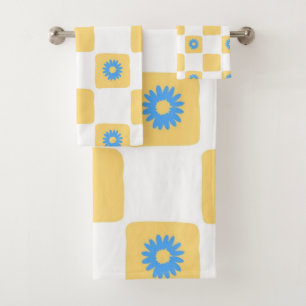 Yellow White Chequered With Blue Flower Pattern Bath Towel Set