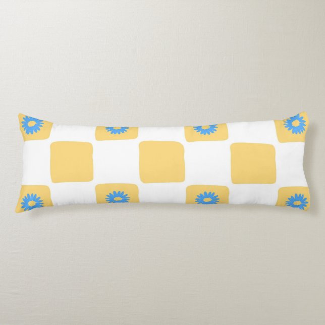 Yellow White Chequered With Blue Flower Pattern Body Cushion (Front)