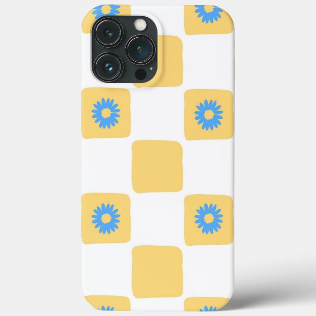 Yellow White Chequered With Blue Flower Pattern Case-Mate iPhone Case (Back)