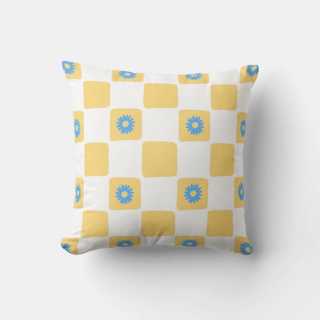 Yellow White Chequered With Blue Flower Pattern Cushion (Front)
