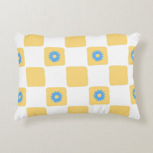 Yellow White Chequered With Blue Flower Pattern Decorative Cushion