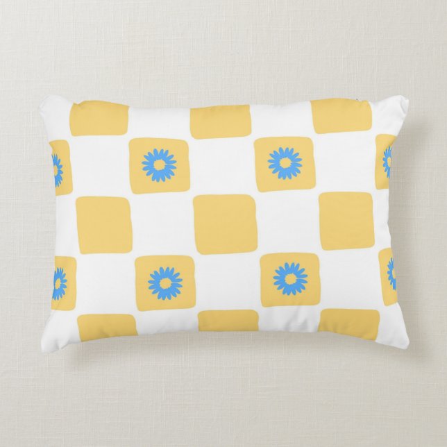 Yellow White Chequered With Blue Flower Pattern Decorative Cushion (Front)