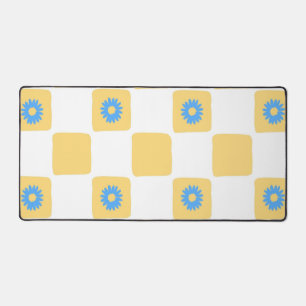 Yellow White Chequered With Blue Flower Pattern Desk Mat