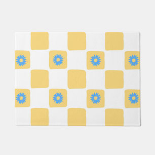 Yellow White Chequered With Blue Flower Pattern Doormat