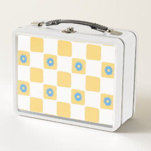 Yellow White Chequered With Blue Flower Pattern Metal Lunch Box