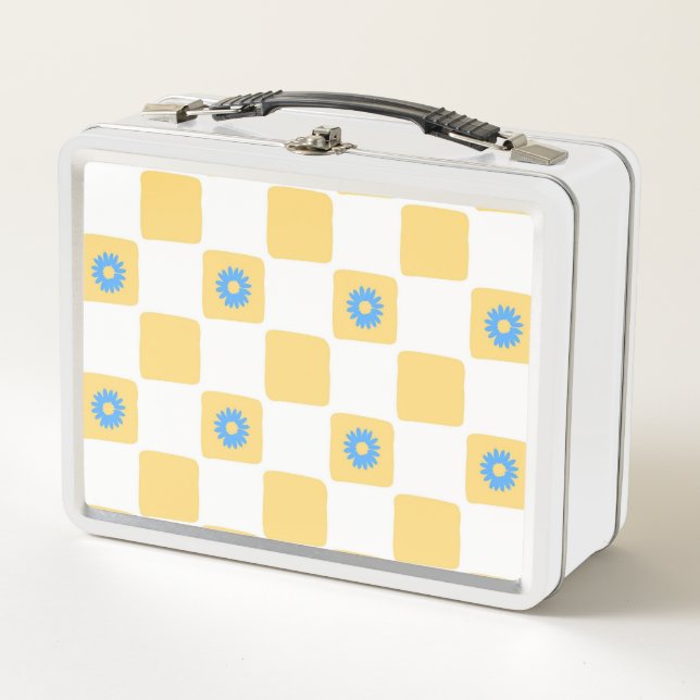 Yellow White Chequered With Blue Flower Pattern Metal Lunch Box (Front)