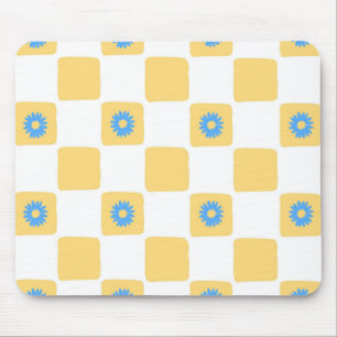 Yellow White Chequered With Blue Flower Pattern Mouse Mat
