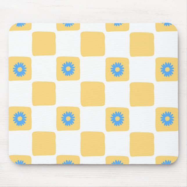 Yellow White Chequered With Blue Flower Pattern Mouse Mat (Front)