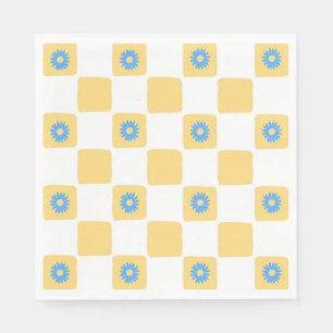 Yellow White Chequered With Blue Flower Pattern Napkin