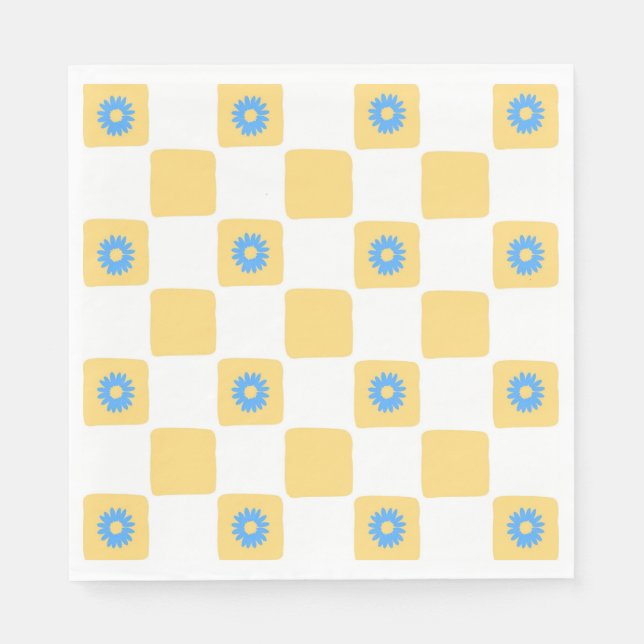 Yellow White Chequered With Blue Flower Pattern Napkin (Front)