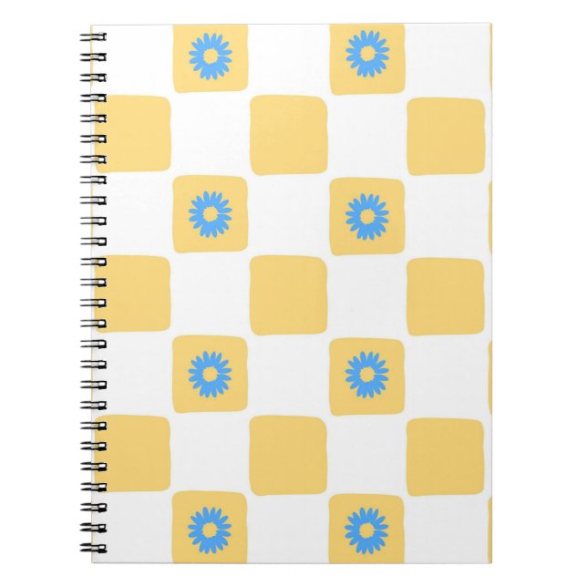Yellow White Chequered With Blue Flower Pattern Notebook (Front)