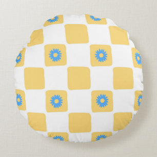 Yellow White Chequered With Blue Flower Pattern Round Cushion