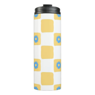 Yellow White Chequered With Blue Flower Pattern Thermal Tumbler