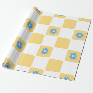 Yellow White Chequered With Blue Flower Pattern Wrapping Paper