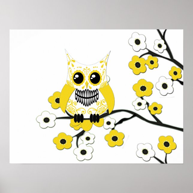 Yellow White Cherry Blossom Owl Poster (Front)
