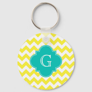 Yellow White Chevron Teal Quatrefoil Monogram Key Ring