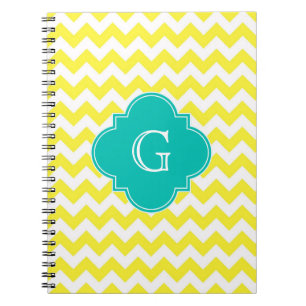 Yellow White Chevron Teal Quatrefoil Monogram Notebook