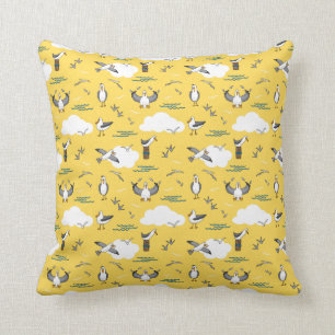 Yellow White Coastal Gulls Seaside Seagull Pattern Cushion
