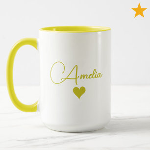 Yellow White Custom Name Cursive Typography Heart Mug