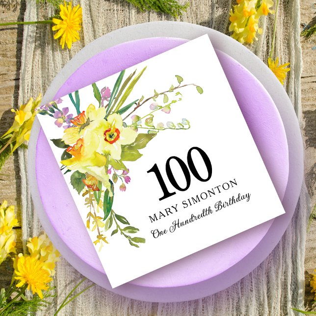 Yellow White Daffodil 100th Birthday Party Napkin (Creator Uploaded)