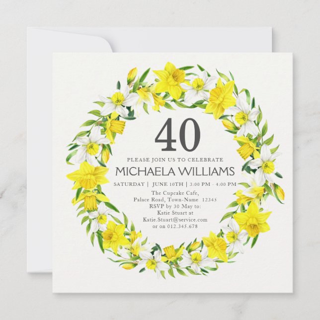 Yellow White Daffodil Flowers 40th Birthday Party Invitation (Front)