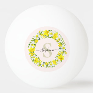 Yellow White Daffodil Garland Monogram Name Ping Pong Ball