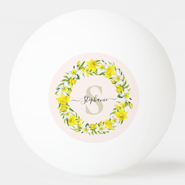 Yellow White Daffodil Garland Monogram Name Ping Pong Ball (Front)