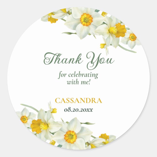 Yellow White Daffodil Rustic Floral Birthday  Classic Round Sticker (Front)