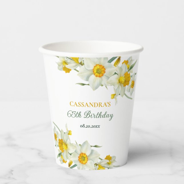 Yellow White Daffodil Rustic Floral Birthday  Paper Cups (Front)