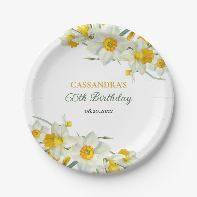 Yellow White Daffodil Rustic Floral Birthday  Paper Plate (Front)