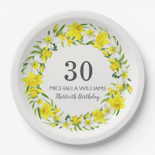 Yellow White Daffodil Wreath 30th Birthday Paper Plate