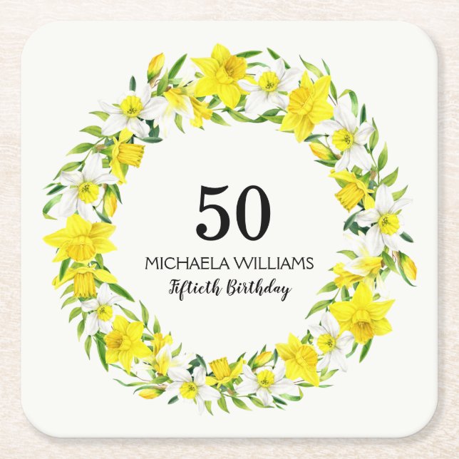Yellow White Daffodil Wreath 50th Birthday Square Paper Coaster (Front)