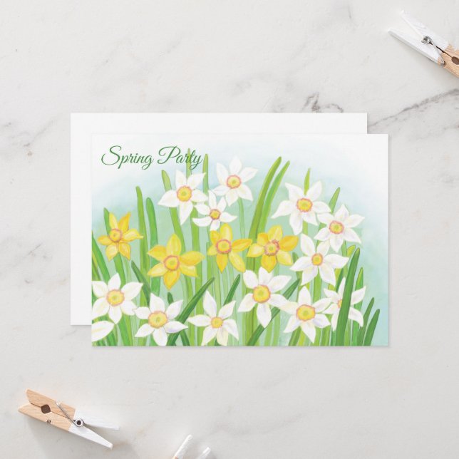 Yellow & White Daffodils Spring Party Custom Text  Invitation (Front/Back In Situ)