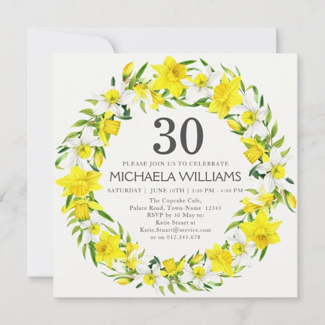 Yellow White Daffodils Wreath 30th Birthday Invitation (Front)
