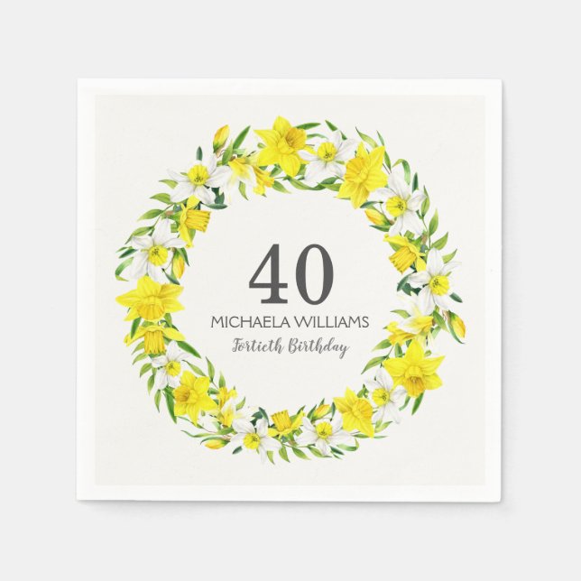 Yellow White Daffodils Wreath 40th Birthday Party Napkin (Front)
